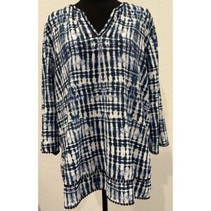 Chico’s Blue and White Tie Dye Blouse w/ Cutout Neckline 3/4 Sleeves Size 3 (XL)
